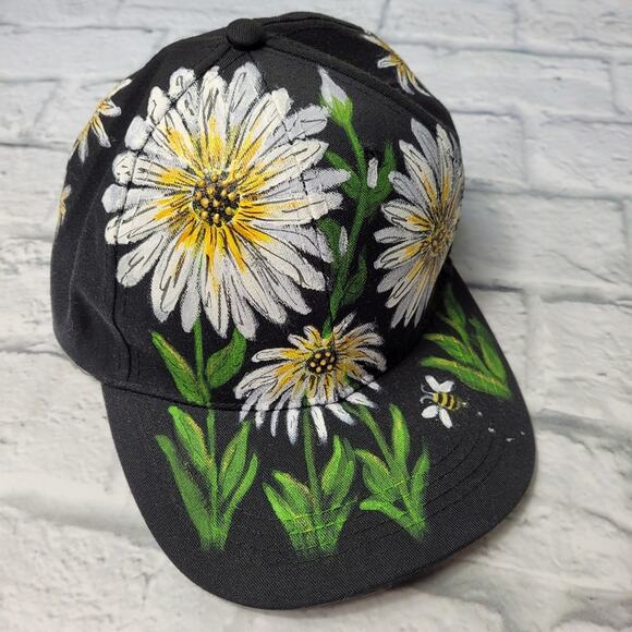 Hand Painted Daisy & Bees Ball Cap - Picture 1 of 7